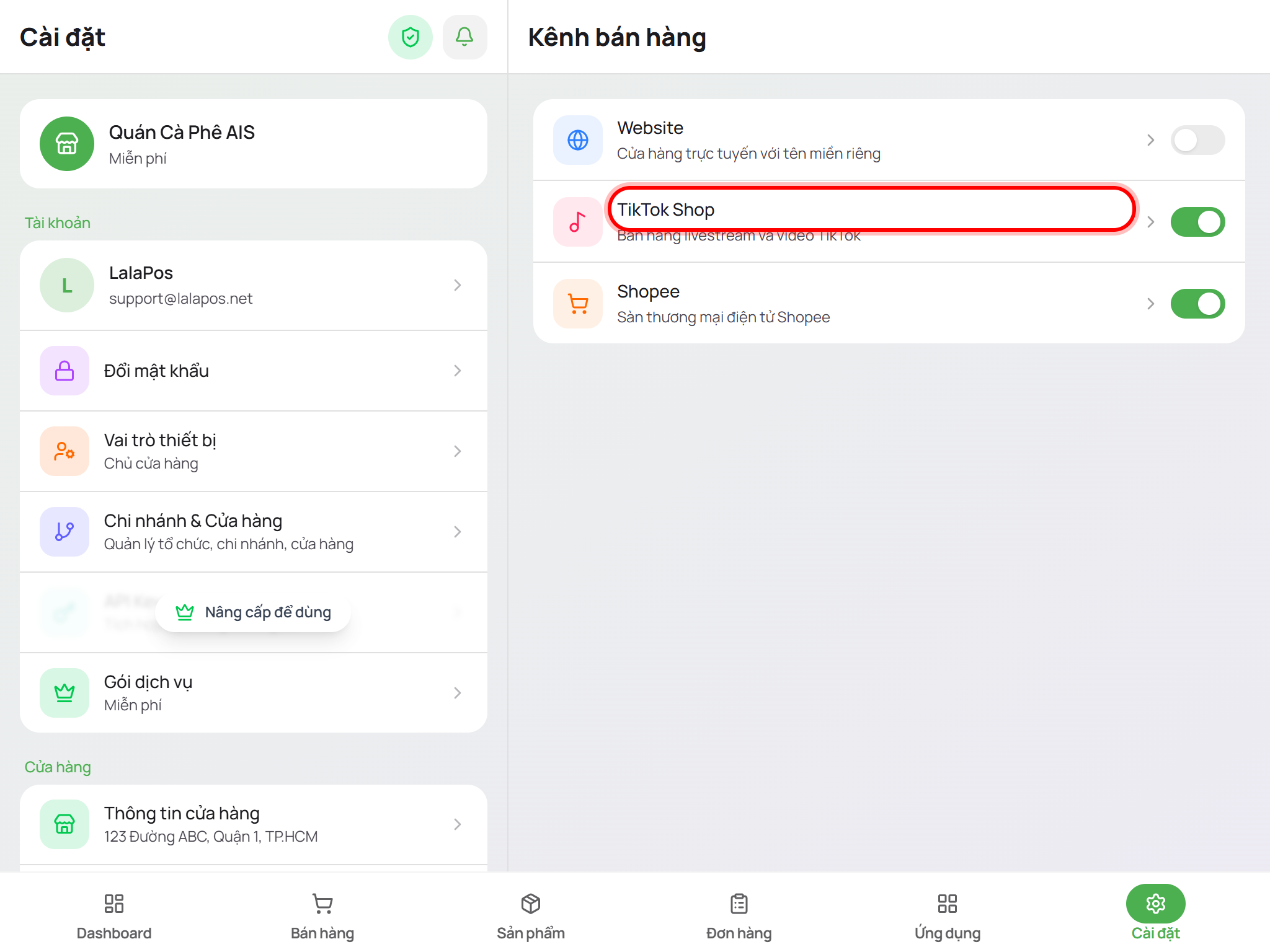Chọn kênh TikTok Shop