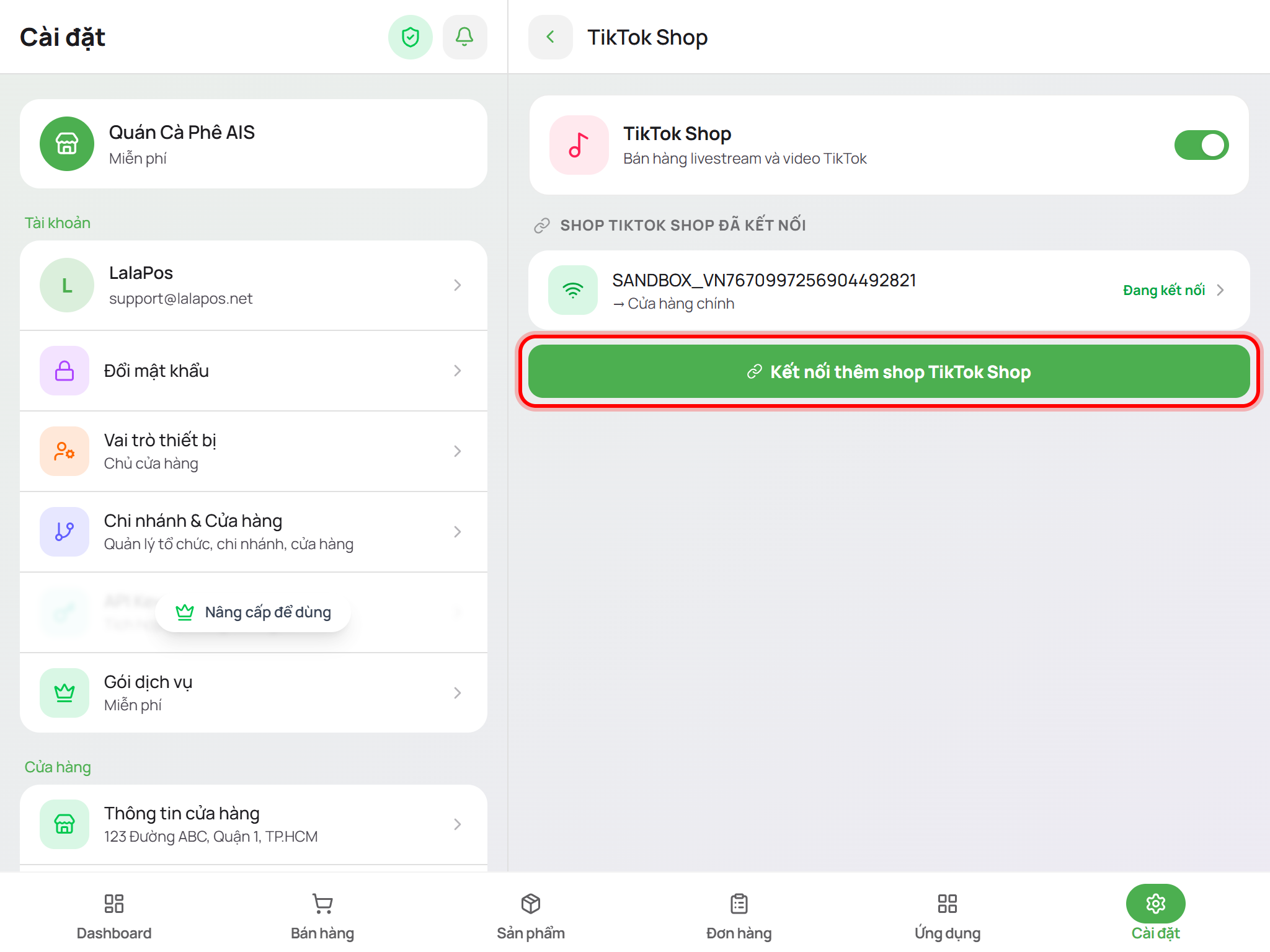 Bấm Kết nối thêm shop TikTok Shop
