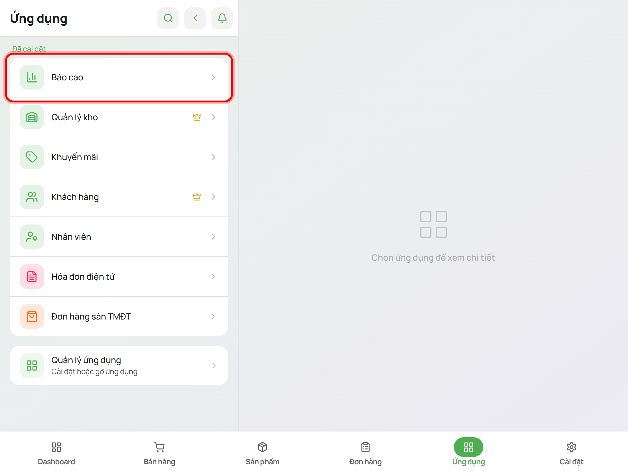 Mở ứng dụng Báo cáo