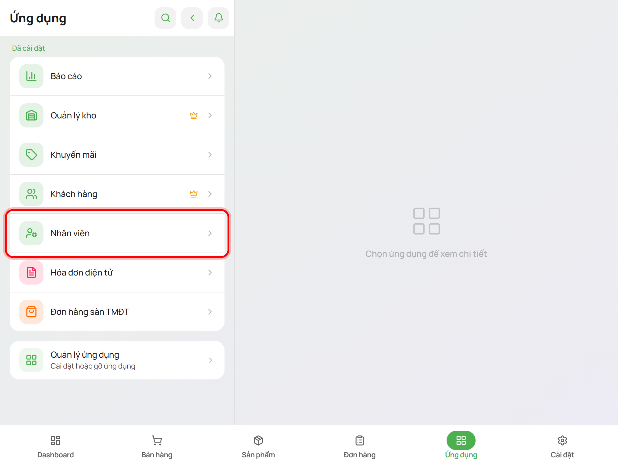Mở ứng dụng Nhân viên