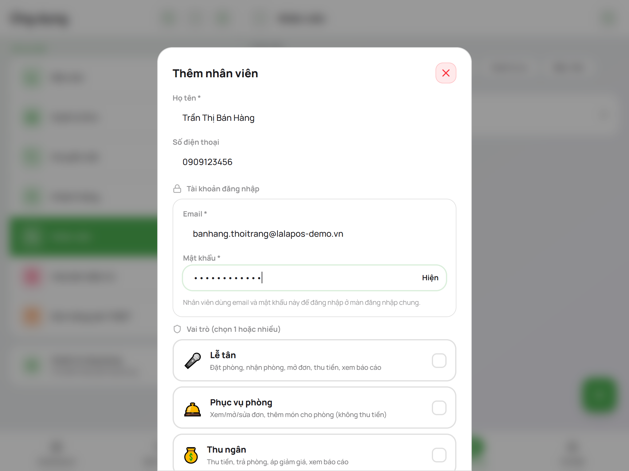 Nhập tên, số điện thoại, email đăng nhập cho nhân viên
