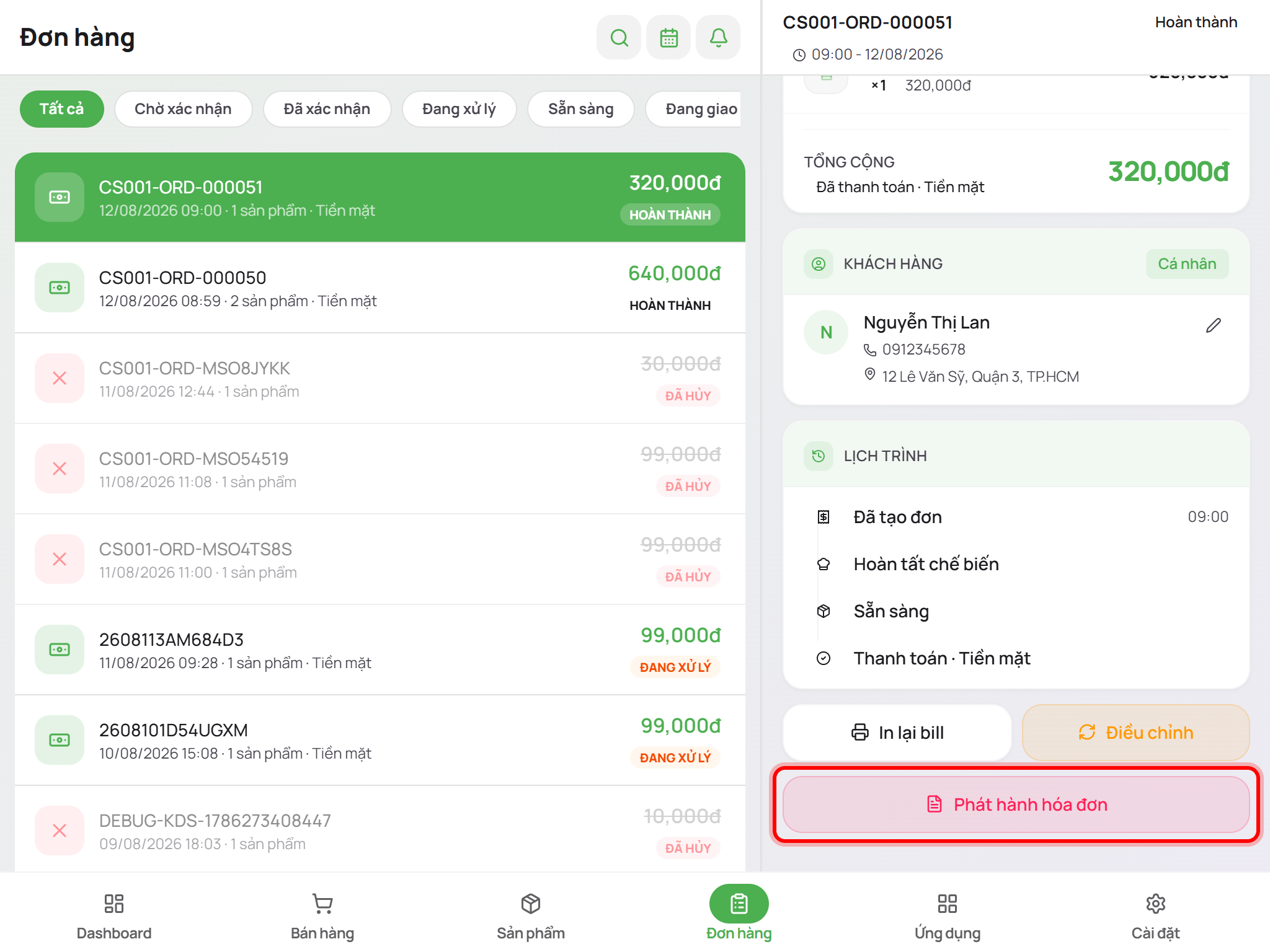Bấm nút Phát hành hóa đơn trên đơn hàng đã có thông tin khách