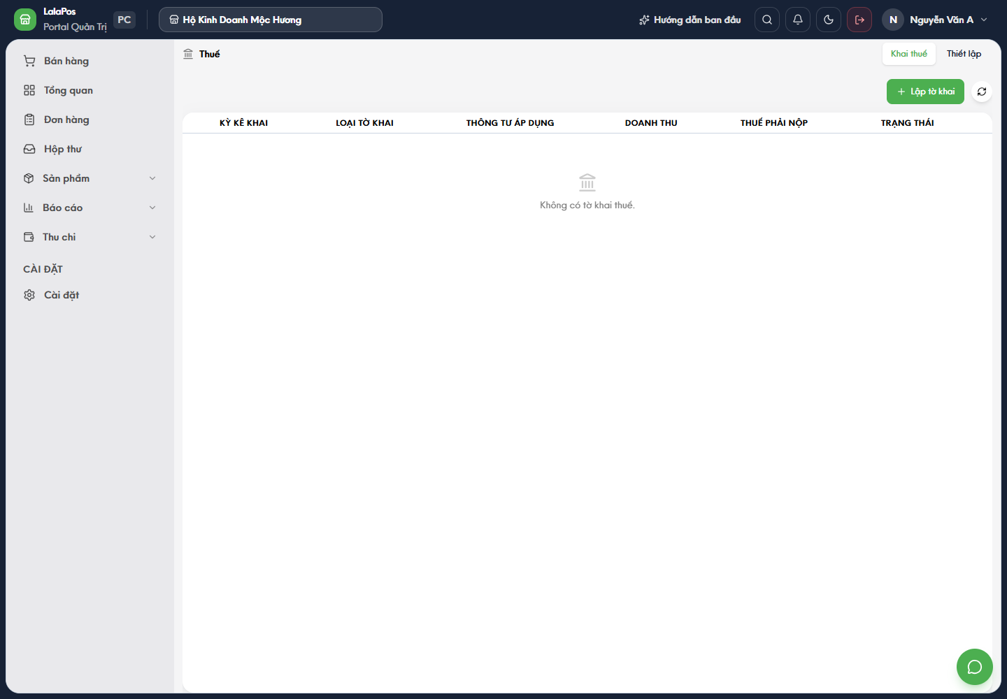 Menu Thuế trên Portal LalaPos, danh sách tờ khai trống