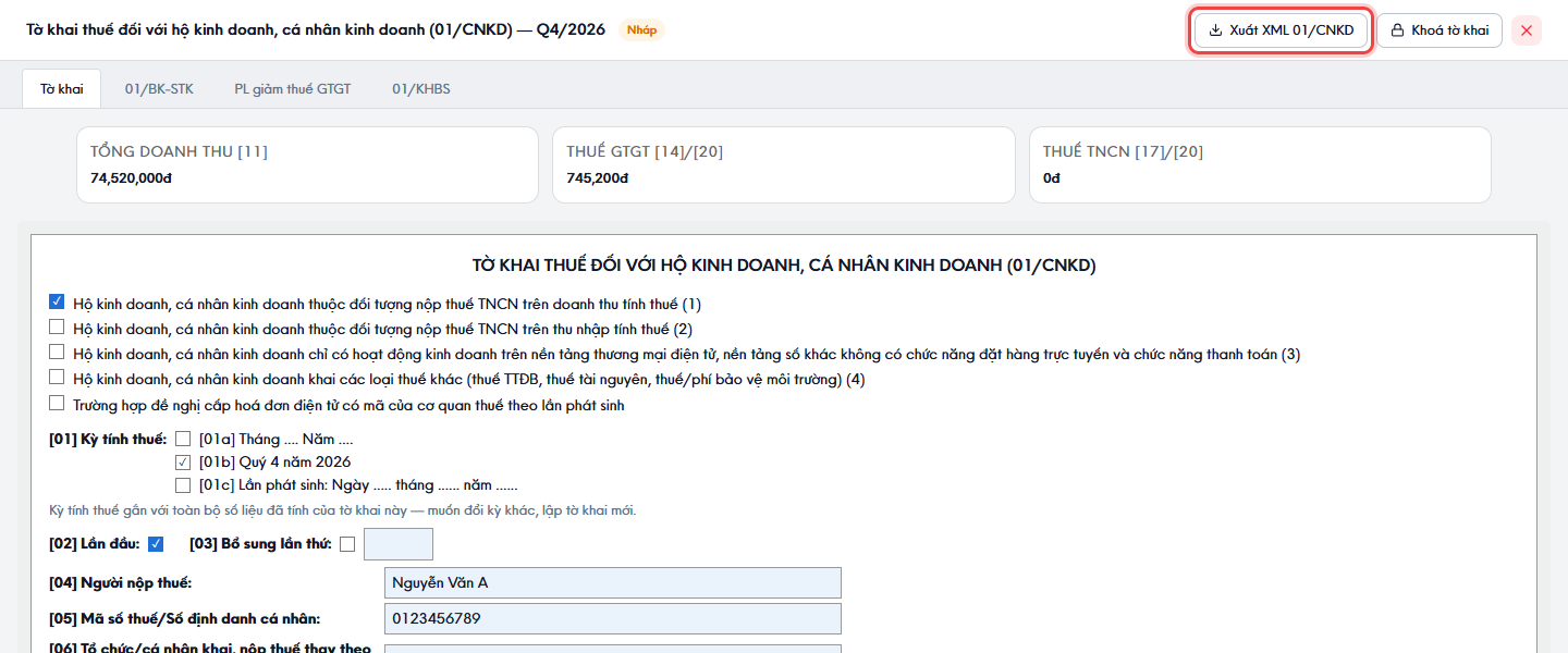 Nút Xuất XML 01/CNKD trên trang chi tiết tờ khai thuế LalaPos