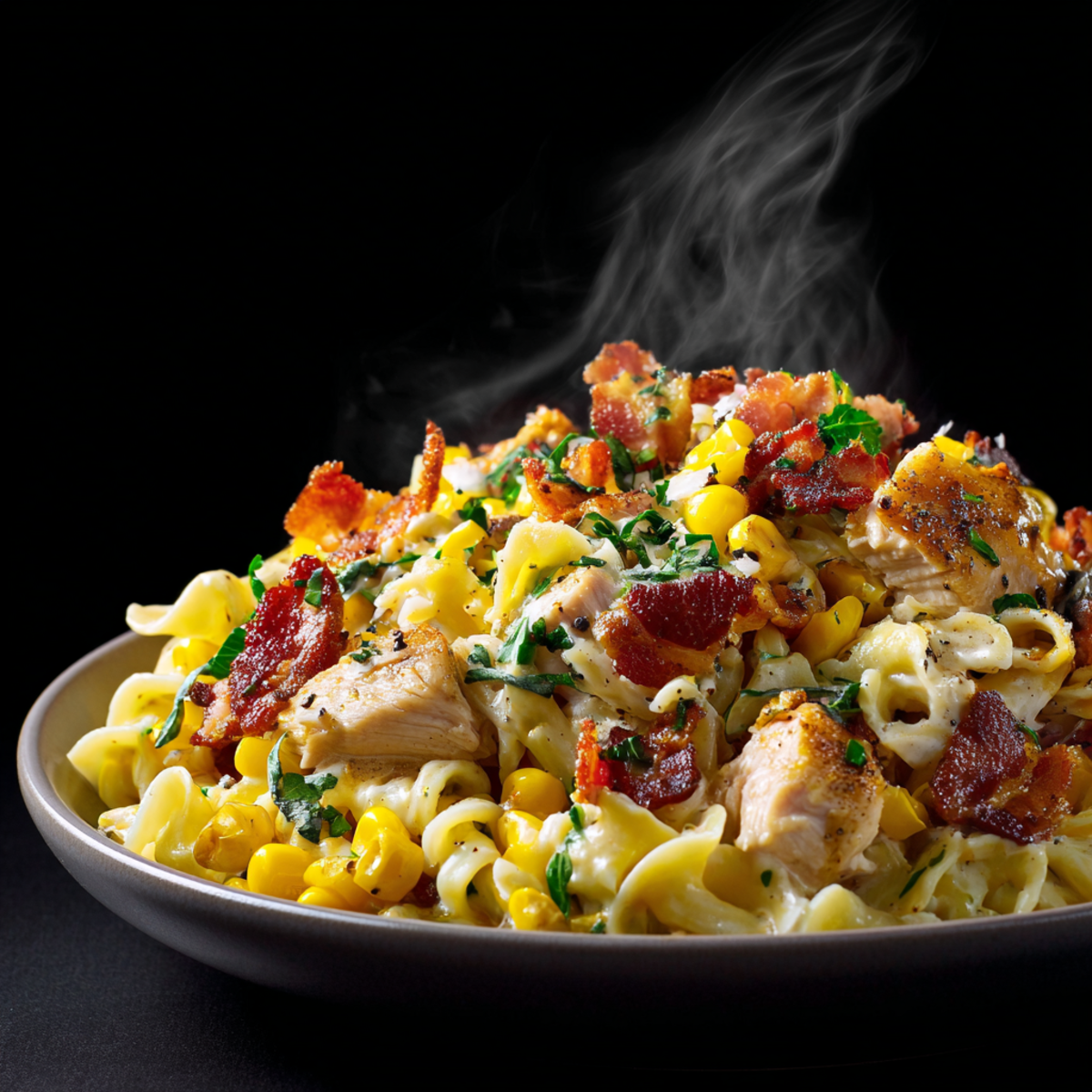 Pasta Cremosa de Pollo y Maíz con Tocino Fácil