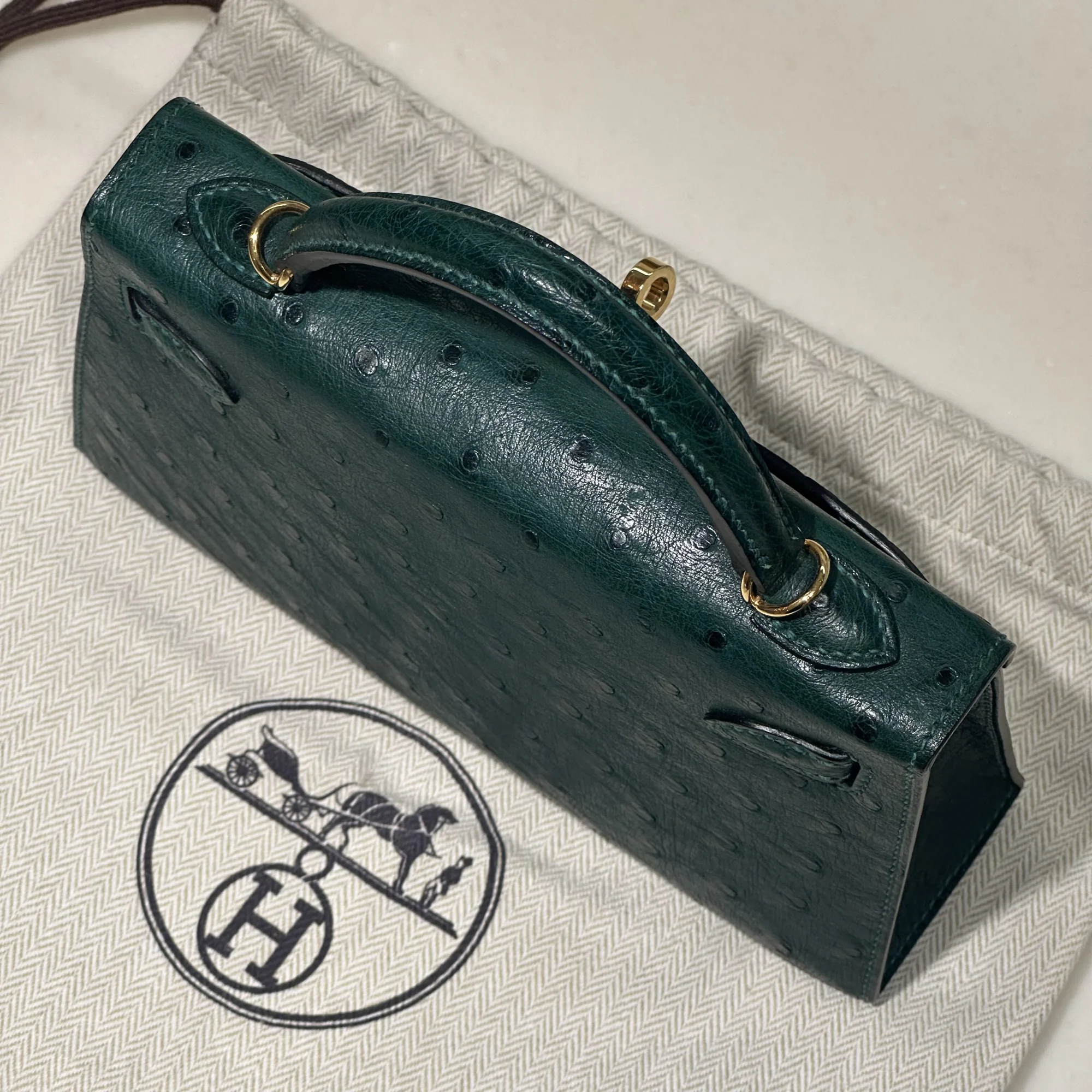 Hermes Mini Kelly 19 Ostrich Leather Green Gold миниатюра 2