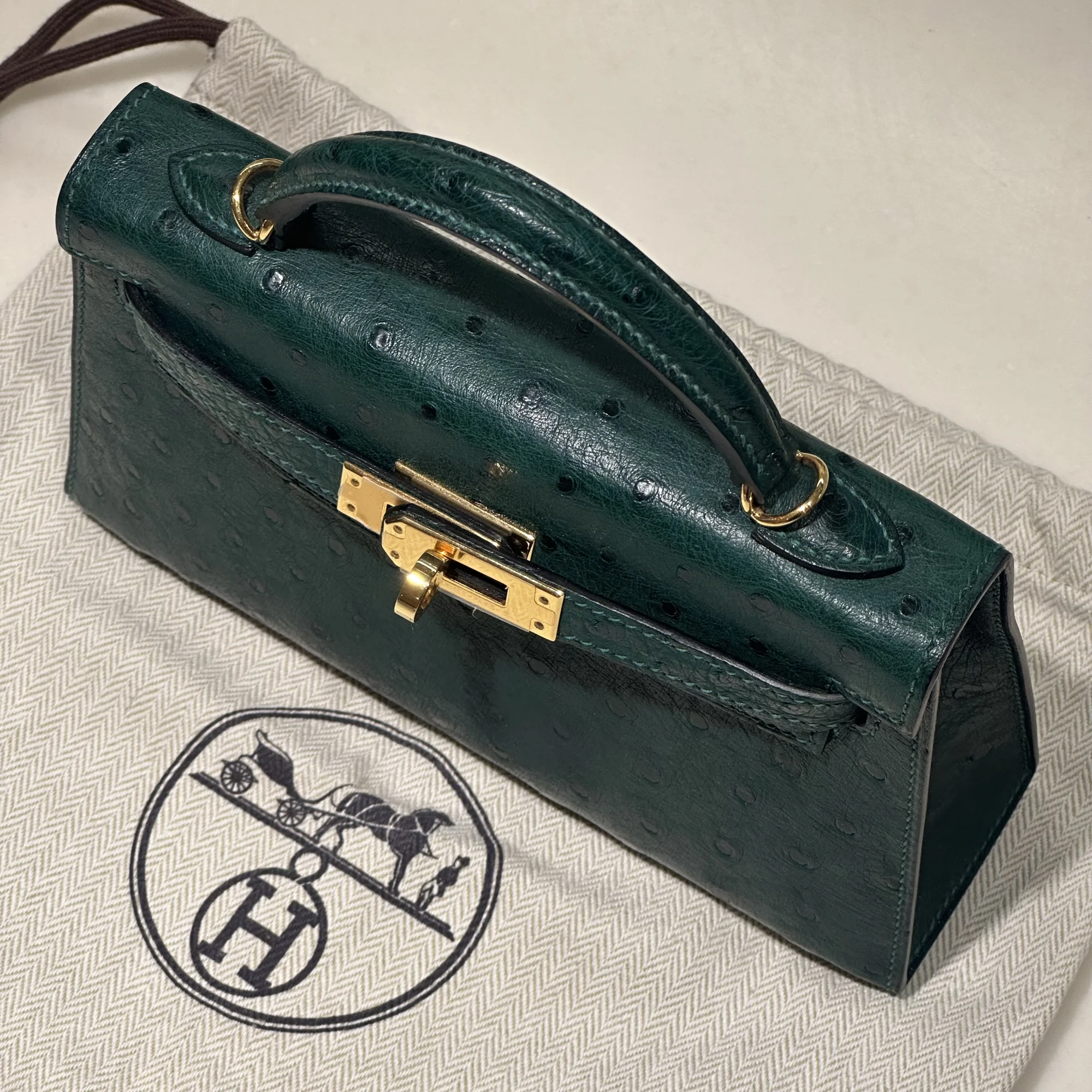 Hermes Mini Kelly 19 Ostrich Leather Green Gold