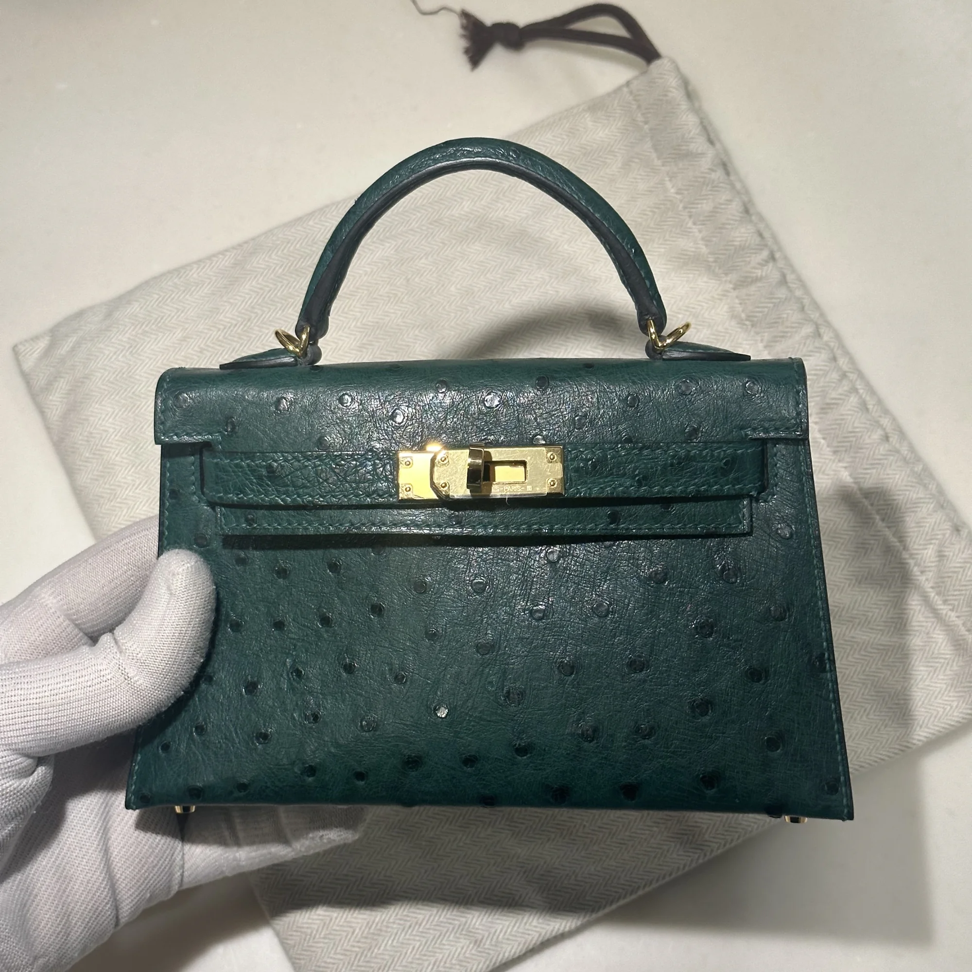 Hermes Mini Kelly 19 Ostrich Leather Green Gold миниатюра 3