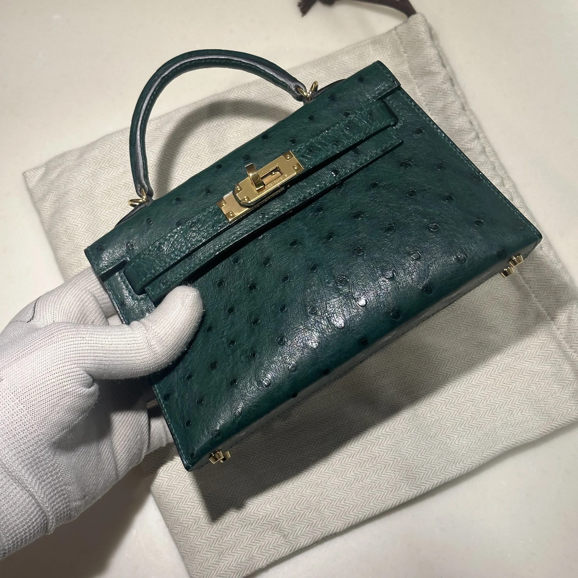 Hermes Mini Kelly 19 Ostrich Leather Green Gold миниатюра 5