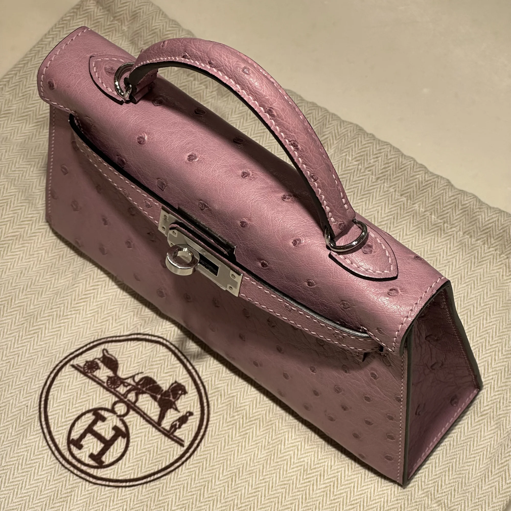 Hermes Mini Kelly 19 cm Ostrich Leather Rose Silver