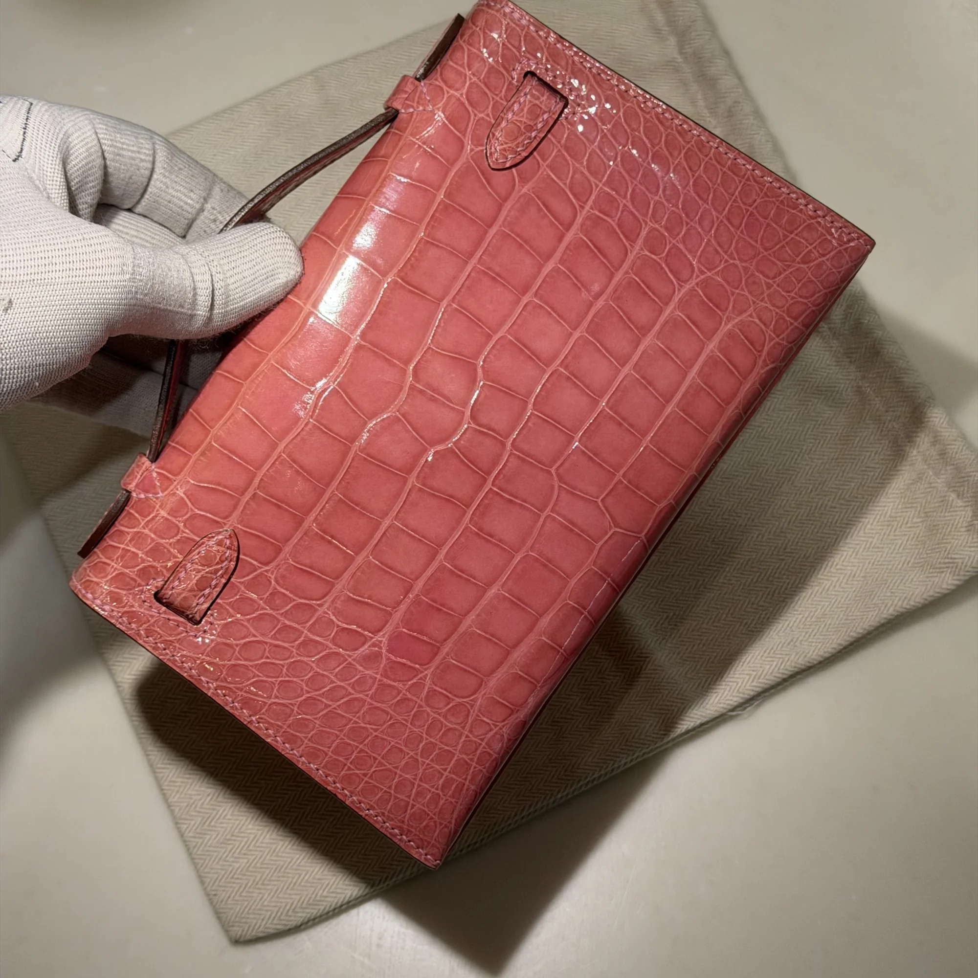 Hermes Kelly Pochette 22 Coral Alligator Crocodile Leather PHW миниатюра 5