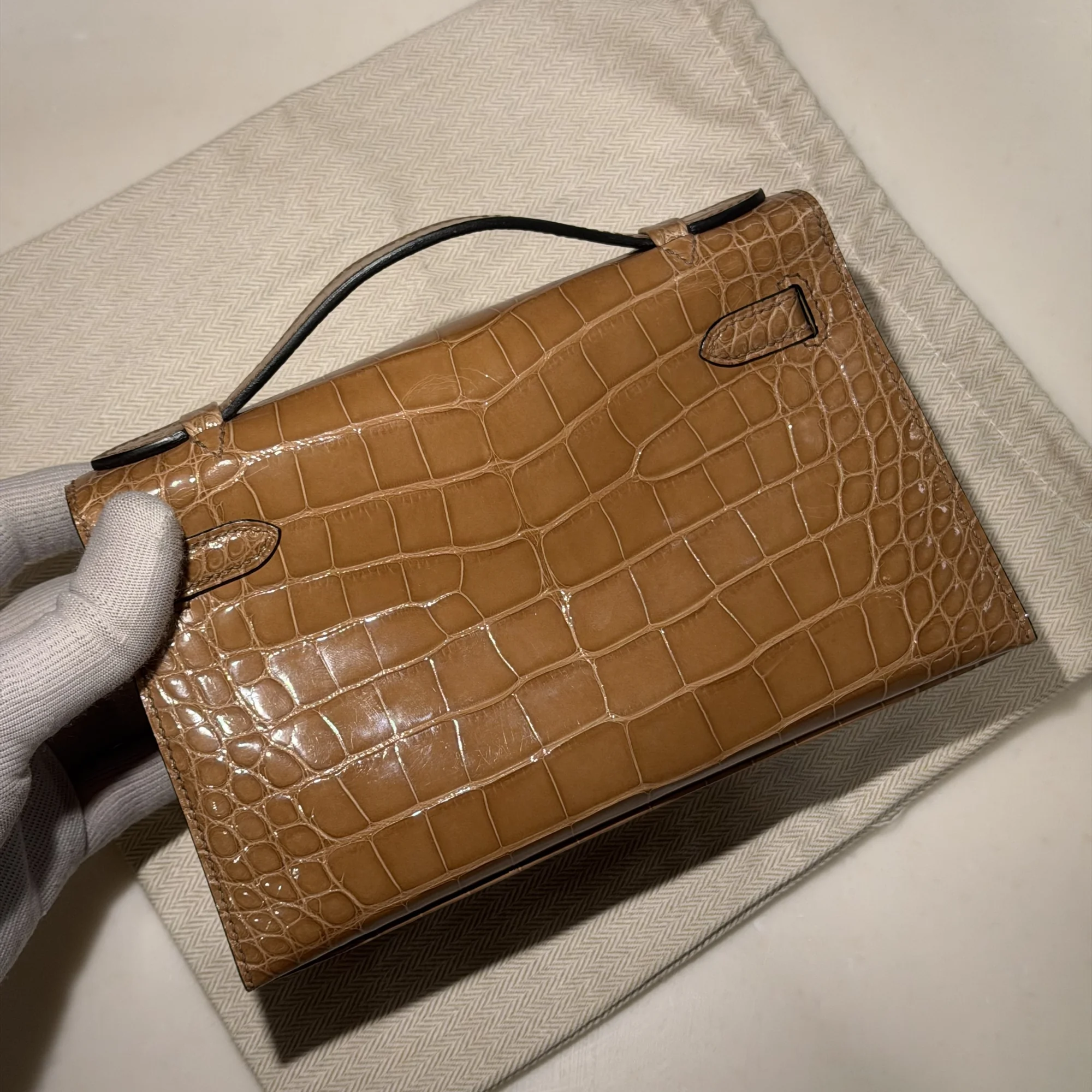 Hermes Kelly Pochette 22 Mustard Alligator Crocodile Leather GHW миниатюра 6