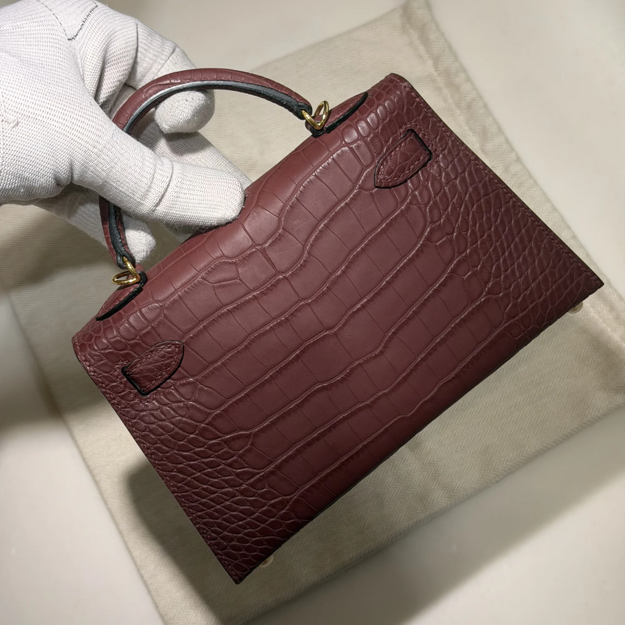 Hermes Mini Kelly Matte 19 Burgundy Alligator Crocodile Leather GHW миниатюра 8