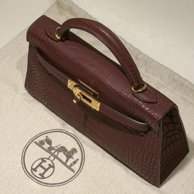 Hermes Mini Kelly Matte 19 Burgundy Alligator Crocodile Leather GHW