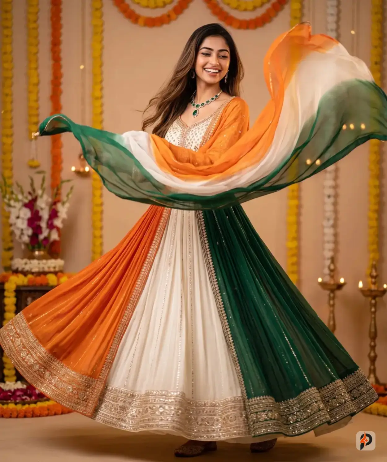 #1 — Radiant Indian Woman Dances Joyfully in Tricolor Anarkali, Festive Studio Background