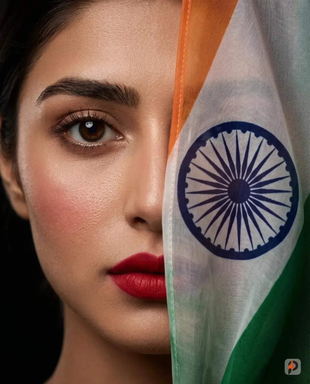 #2 — Dramatic Cinematic Portrait: Indian Woman with Flag Veil, Crimson Lips