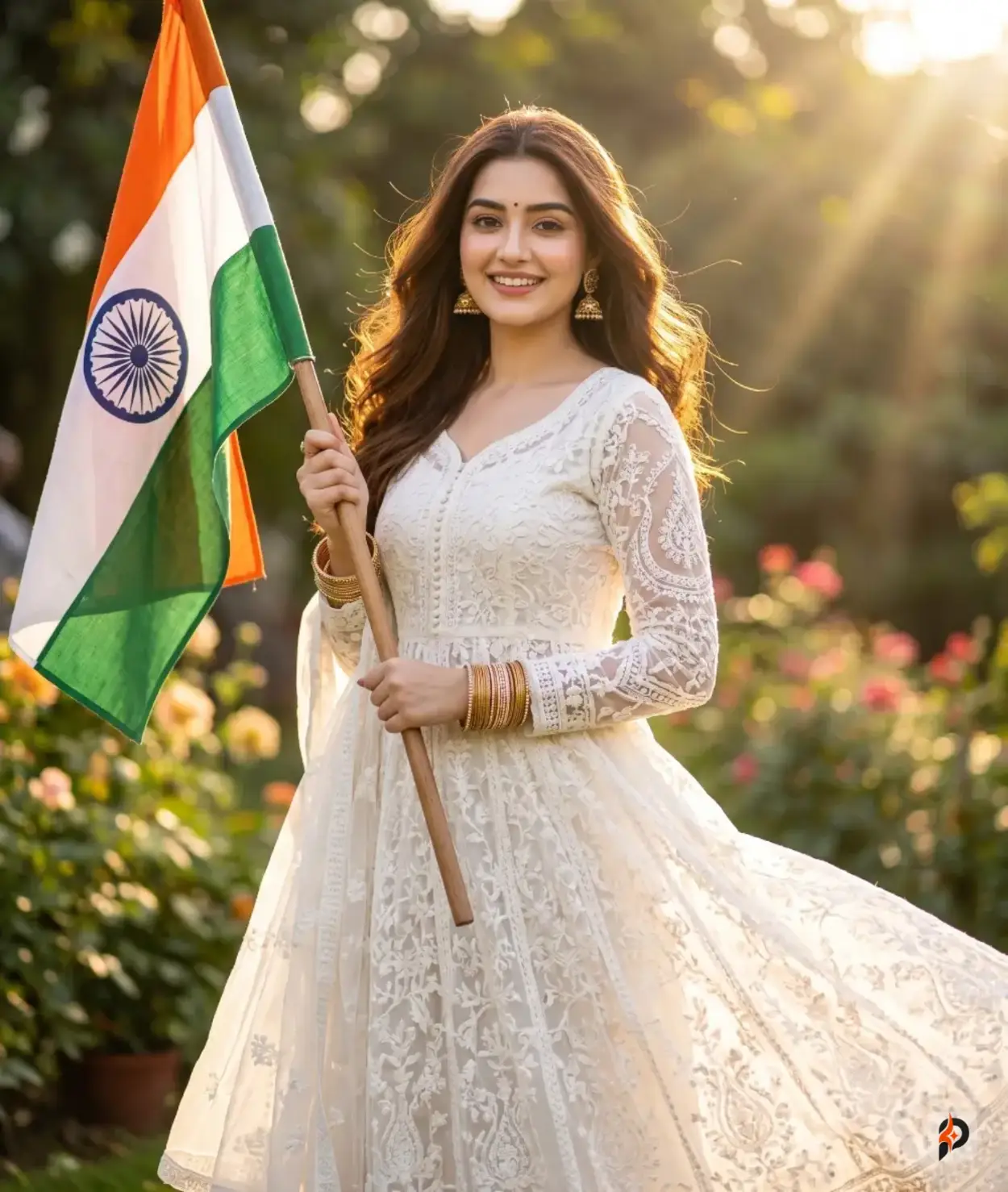 #3 — Young Indian Woman in White Anarkali Holding Flag in Sunlit Garden