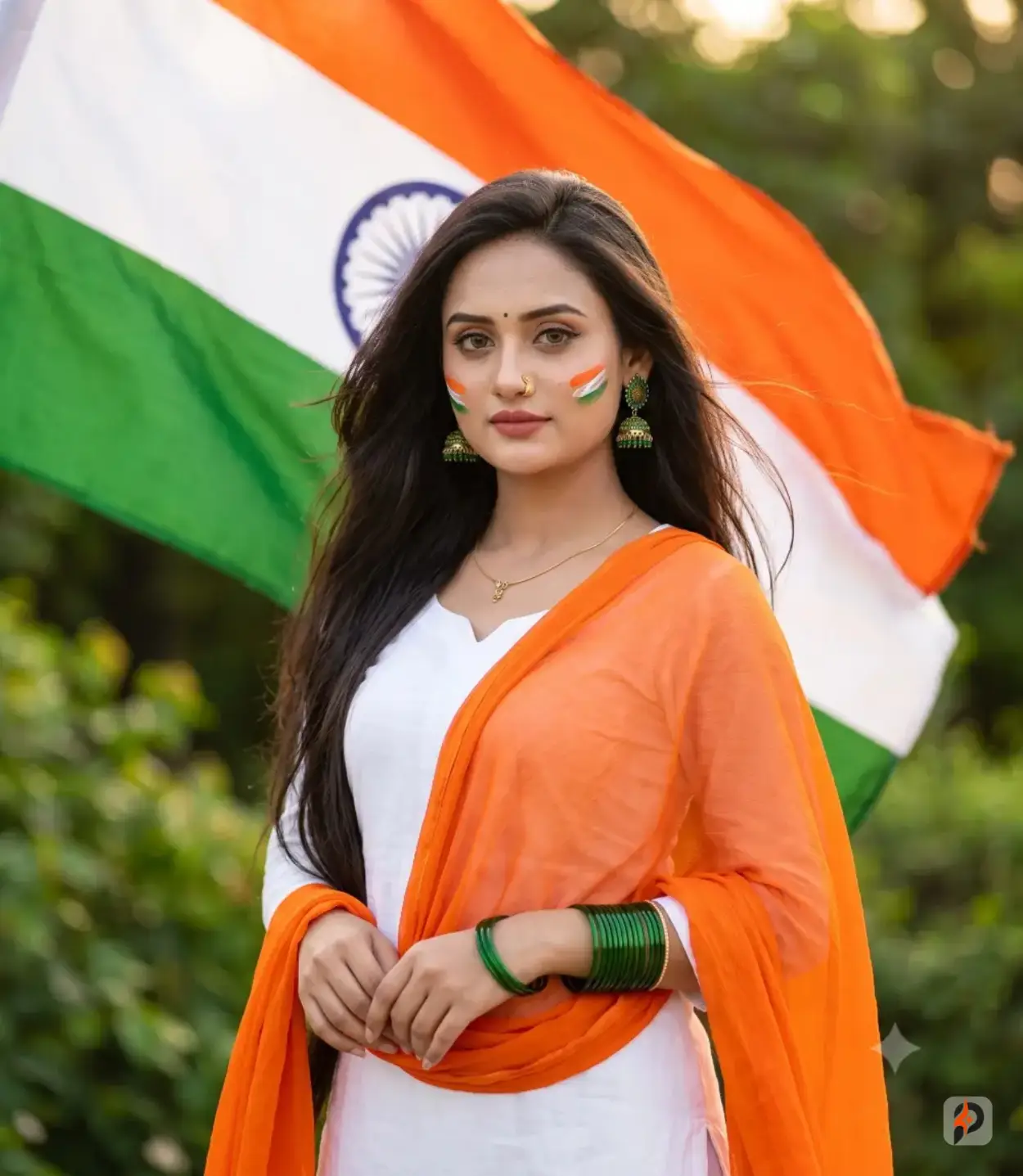 #6 — Elegant Indian Woman with National Flag, Outdoor Cinematic Golden Hour Portrait