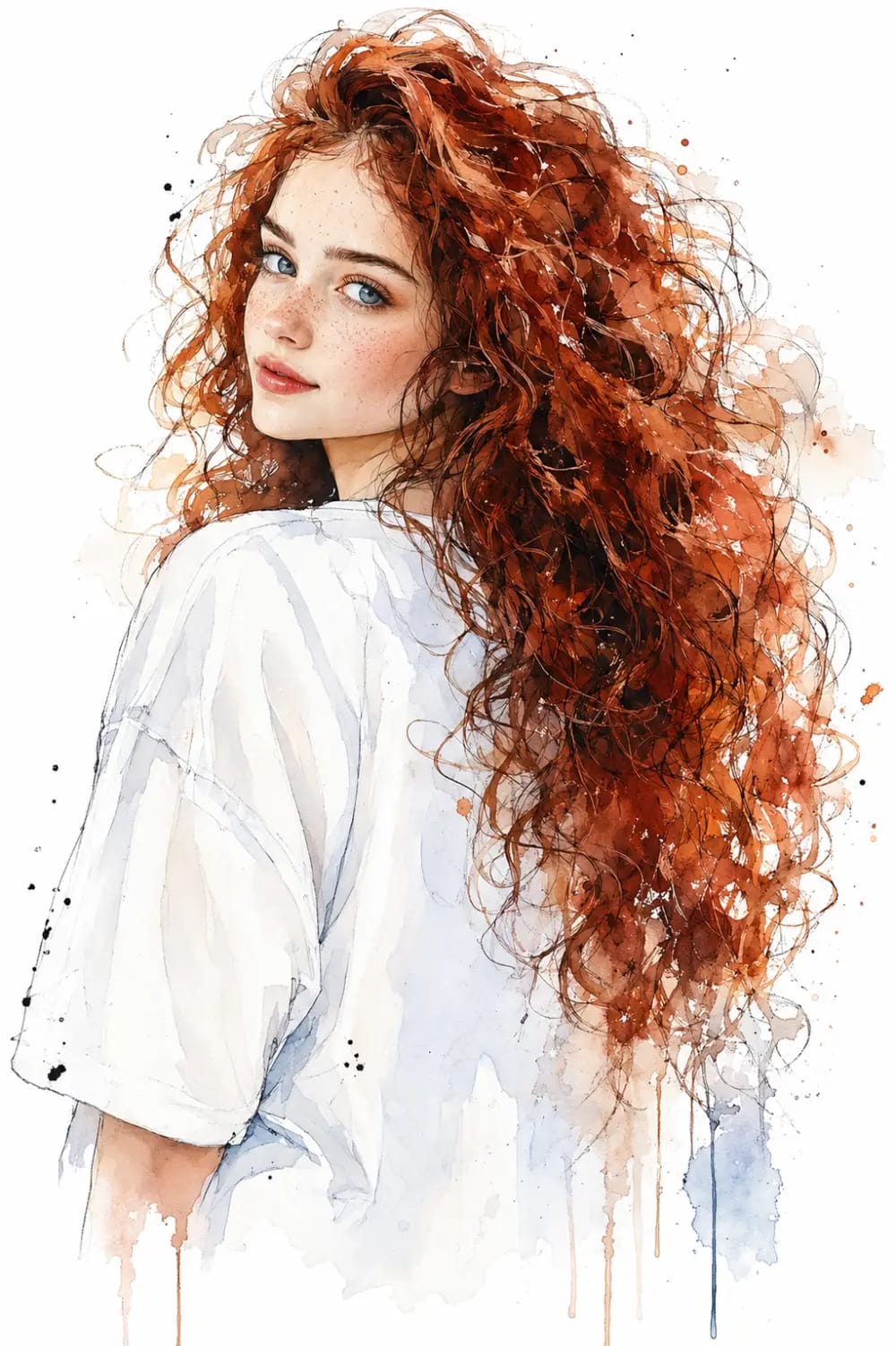 Auburn Whispers: A Poetic Watercolor Portrait in Ink and Copper