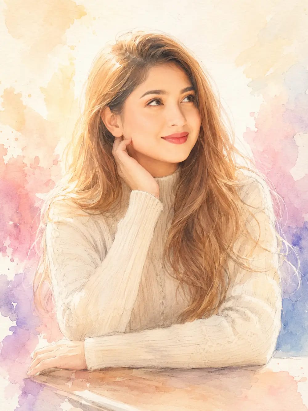 Ethereal Watercolor Portrait: Golden Hope in Soft Pastel Tones