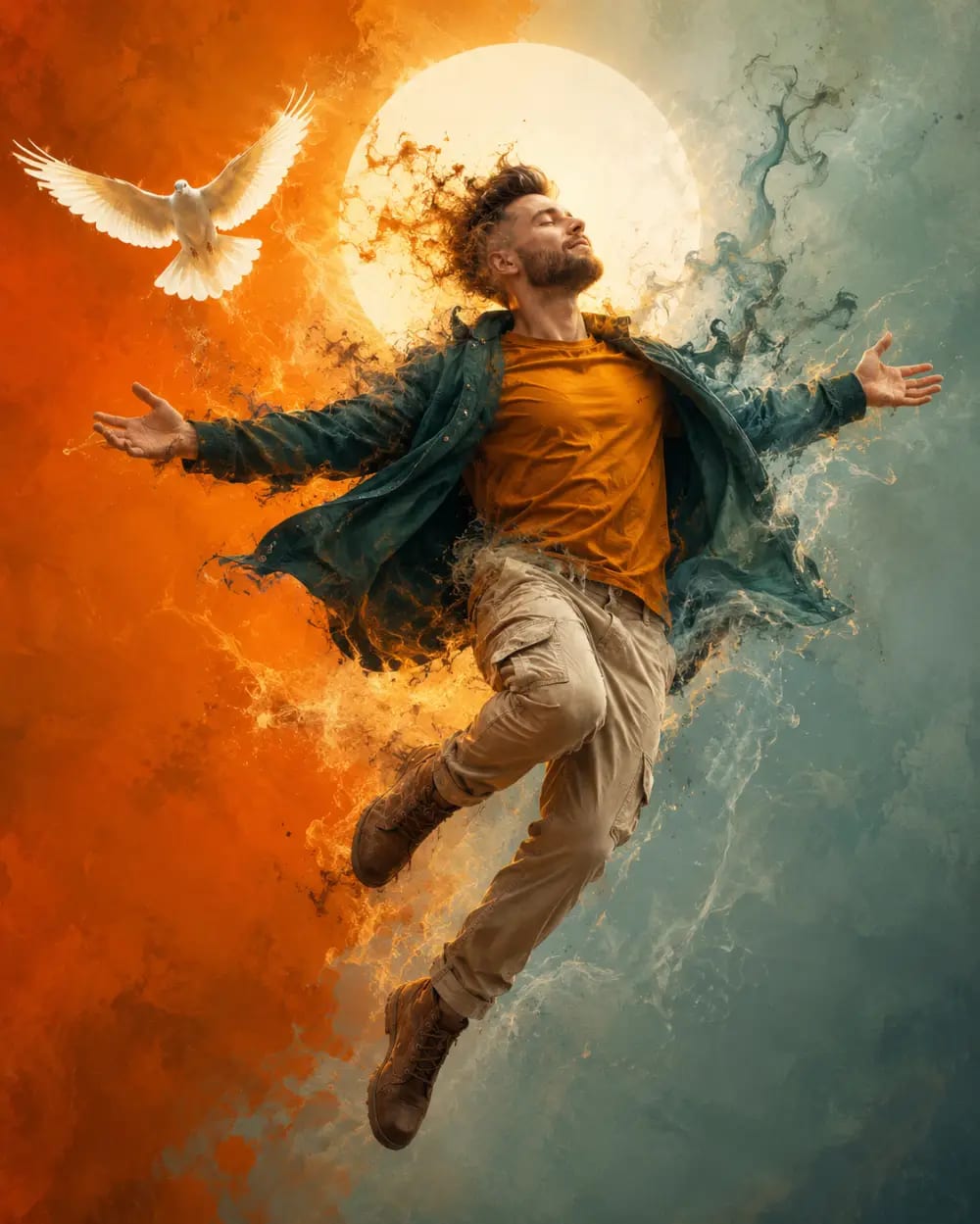 Weightless Transcendence: Spiritual Awakening in Split Color Fields