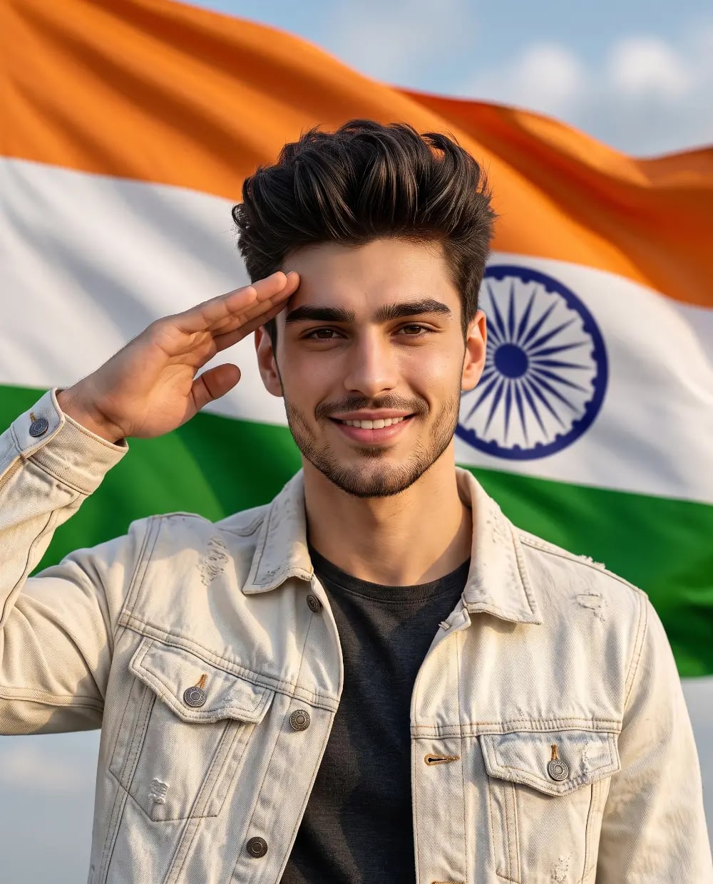 Photorealistic Portrait: Young Indian Man Saluting Against Waving Indian Flag