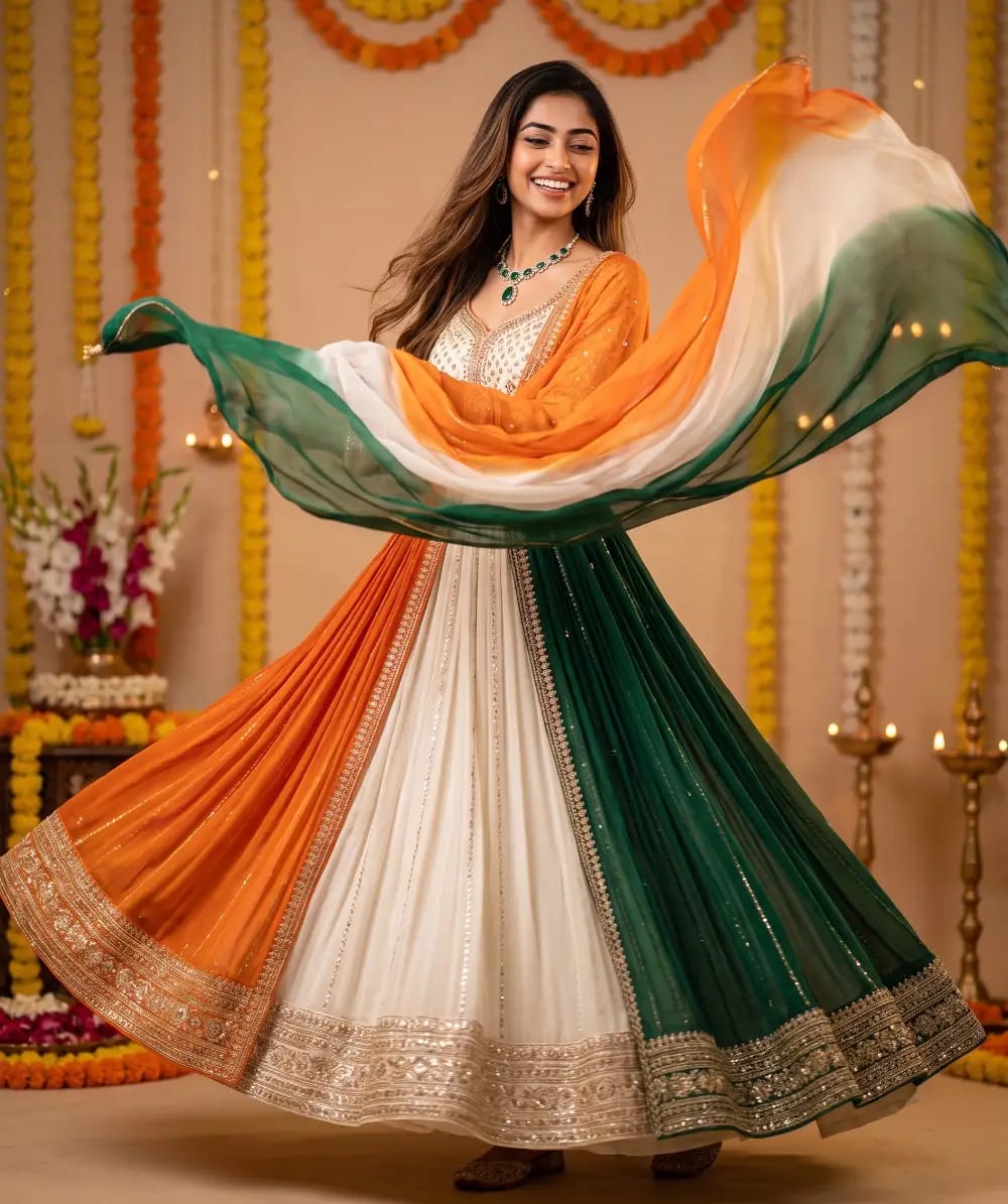 Radiant Indian Woman Dances Joyfully in Tricolor Anarkali, Festive Studio Background