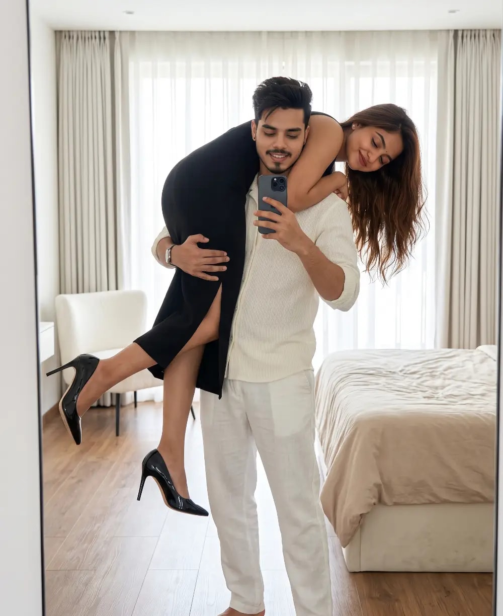Photorealistic Mirror Selfie of Couple in Modern Bright Bedroom Interior
