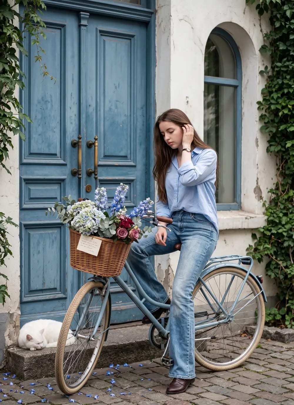 Woman on Vintage Blue Bicycle With Flowers Outside Rustic European Door