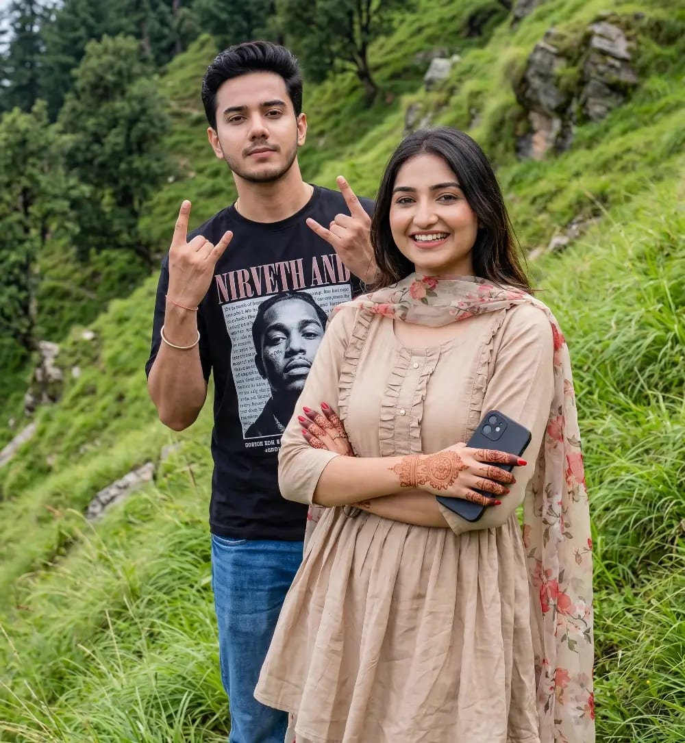 Realistic Outdoor Portrait of a Young Couple on a Grassy Hillside
