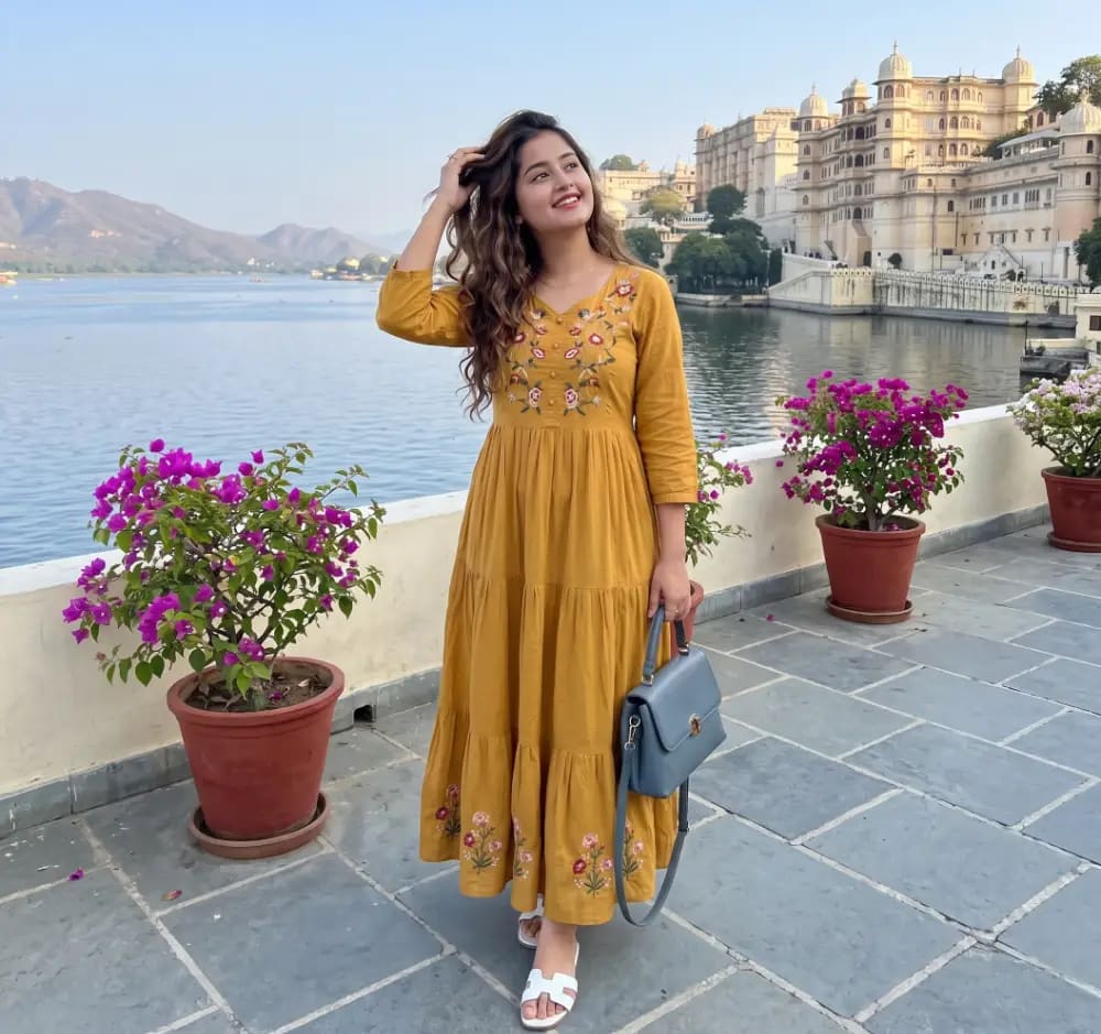 Photorealistic Travel Portrait of Woman in Mustard Dress near Lakeside Palace