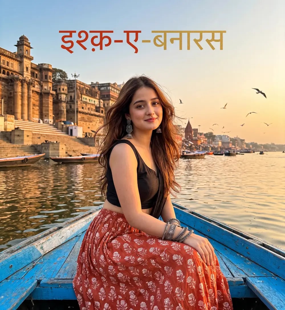 Realistic Portrait of Woman on Wooden Boat in Varanasi at Sunset