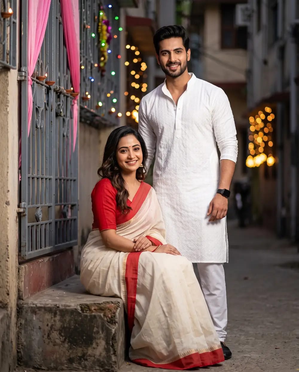 Photorealistic Portrait of an Indian Couple in Traditional Festive Attire
