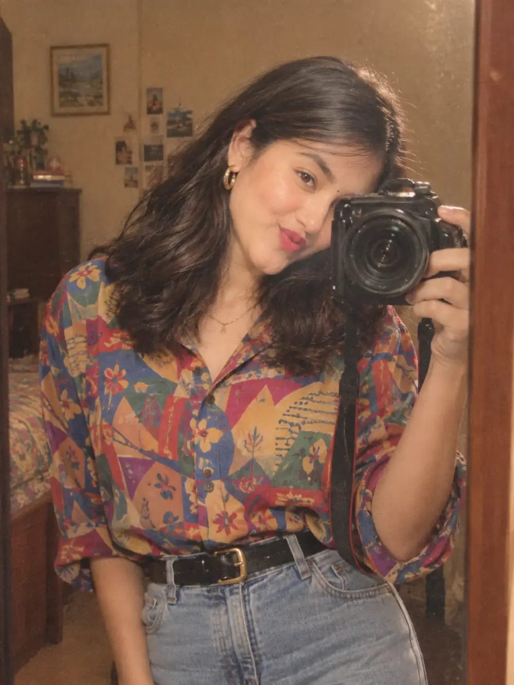Vintage 1980s Retro Mirror Selfie Portrait of a Woman Holding Camera