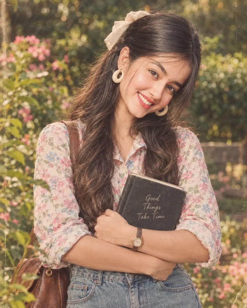 Vintage 1980s Floral Shirt Woman Holding Book In Garden