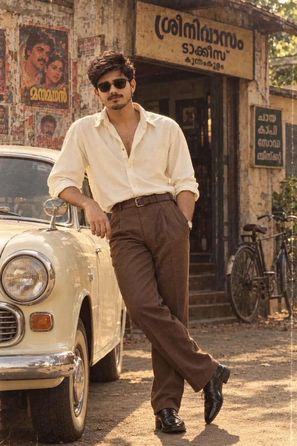 Vintage 1980s Retro Indian Man Leaning On Classic Cream Car