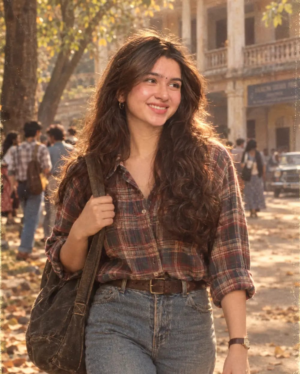 Cinematic 1980s Indian Female Student Walking On Vintage College Campus