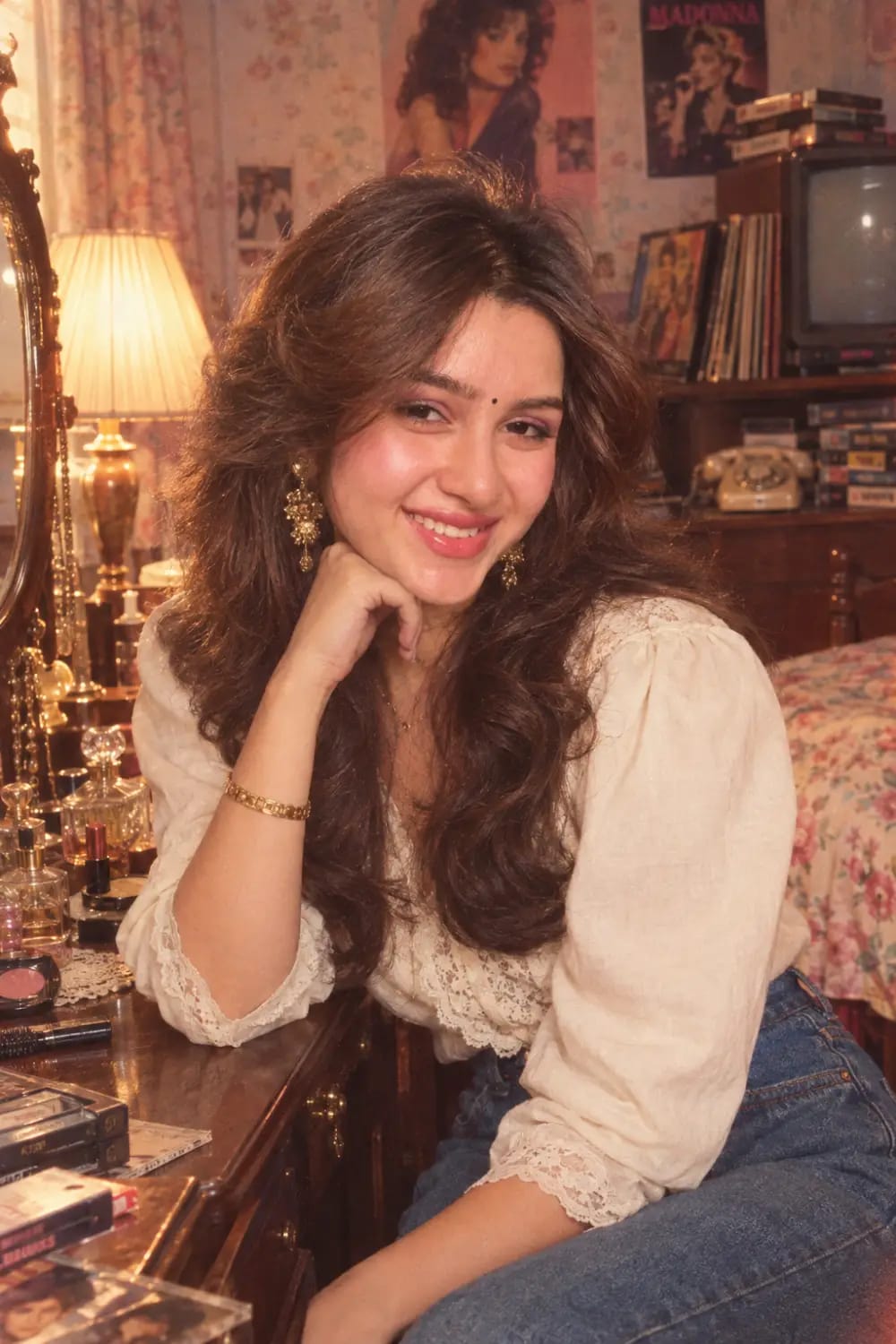 Cinematic 1980s Retro Vintage Editorial Portrait Woman Sitting at Vanity Table