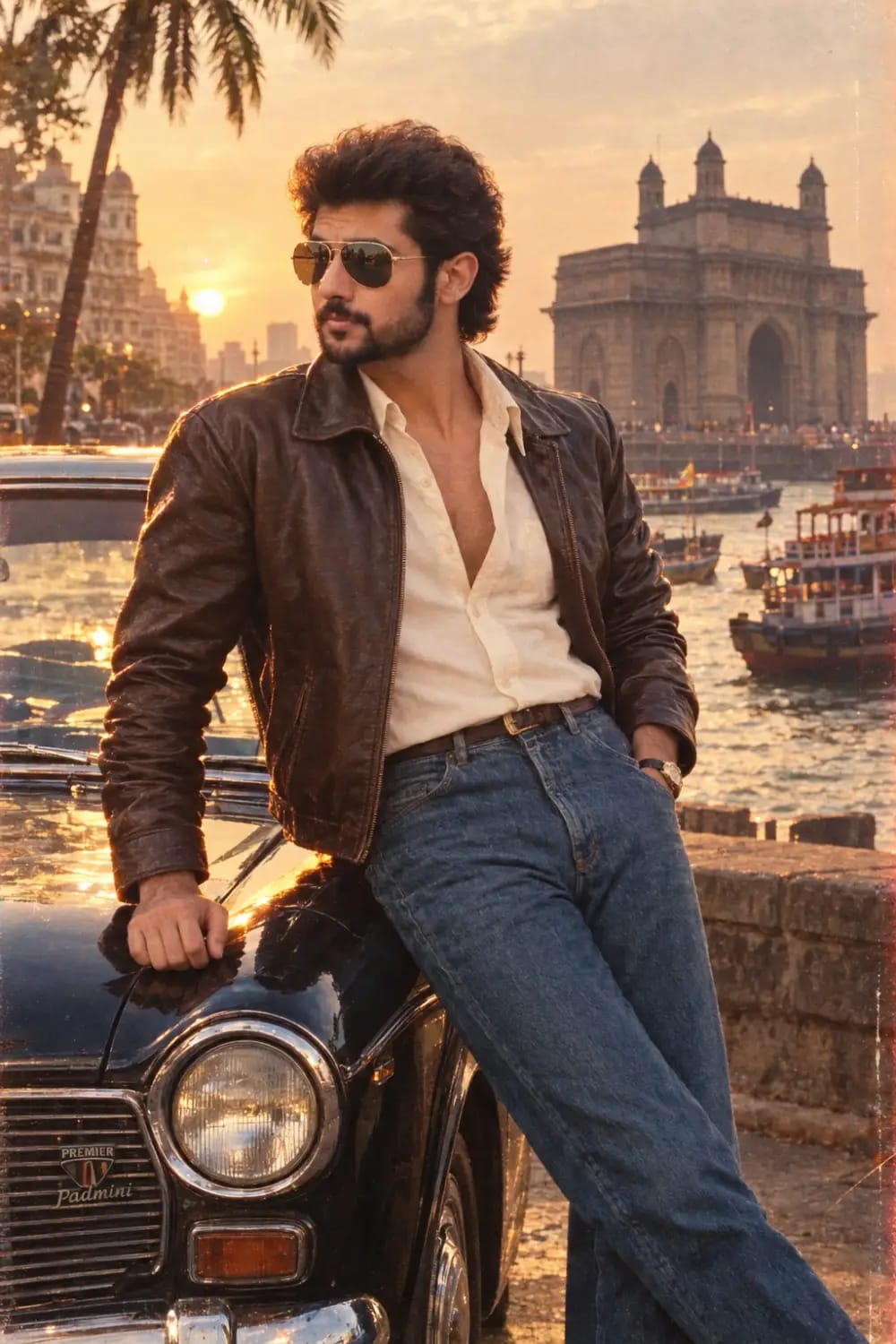 Retro 1980s Indian Man Leaning on Vintage Car in Mumbai Sunset