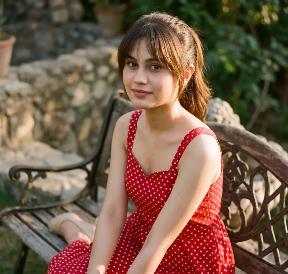 Vintage 1980s Woman in Red Polka Dot Dress Seated Outdoors