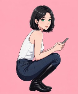Anime Key Visual: Emerald Eyes and Crouched Elegance