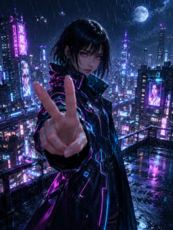 Cyberpunk Rooftop Vision: Neon Rain and Quiet Intensity