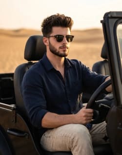 Desert Adventure Portrait: Rugged Masculinity Behind the Wheel