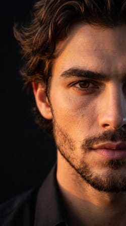  Dramatic Half-Face Portrait: Cinematic Chiaroscuro in Amber and Black