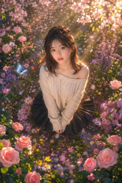  Enchanted Spring Garden: Ethereal Anime Portrait in Golden Light
