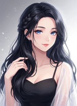 Ethereal Anime Portrait: Sapphire Eyes and Midnight-Black Waves