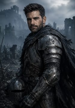 Fallen Knight: Weathered Armor and Tragic Resolve in a Ruined Battlefield