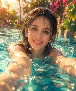 Golden Summer Swim: Ethereal Anime Elegance in Crystal Waters