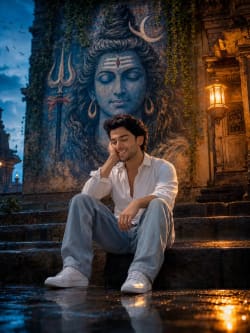  Temple Twilight: Serene Devotion Beneath a Sacred Shiva Mural