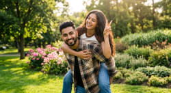 Playful Piggyback: Joyful Couple Romance in a Sunlit Park